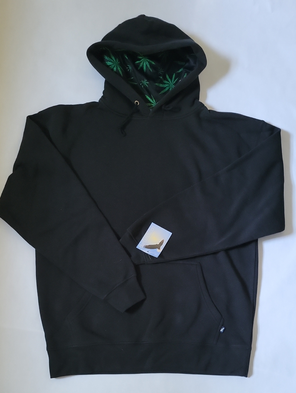 Black Hooded Sweatshirt with Green Leaf Print Lining sz M
